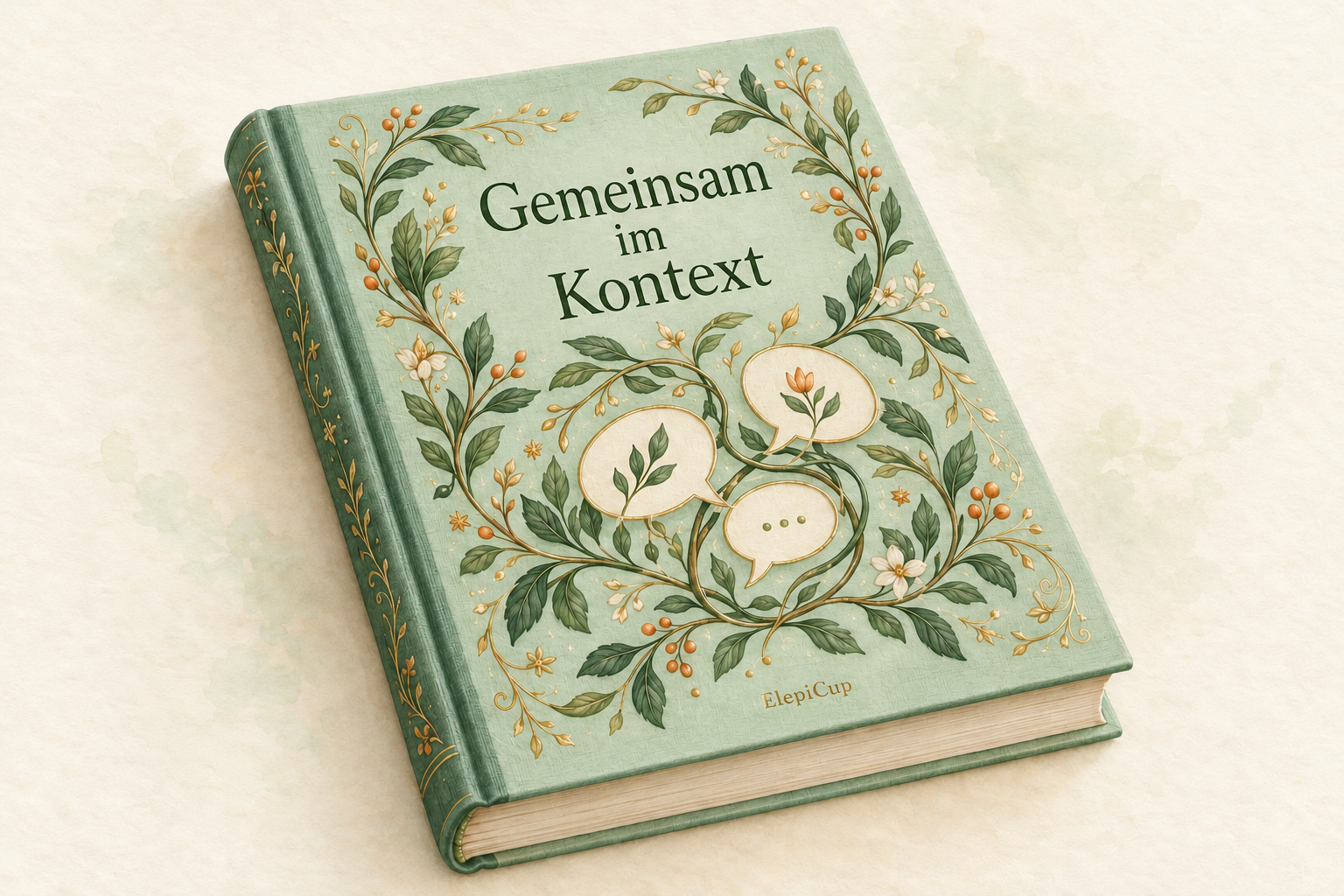 Mintgrüner Coverentwurf für „Gemeinsam im Kontext“ mit Zweigen, Blüten und drei verflochtenen Sprechblasen
