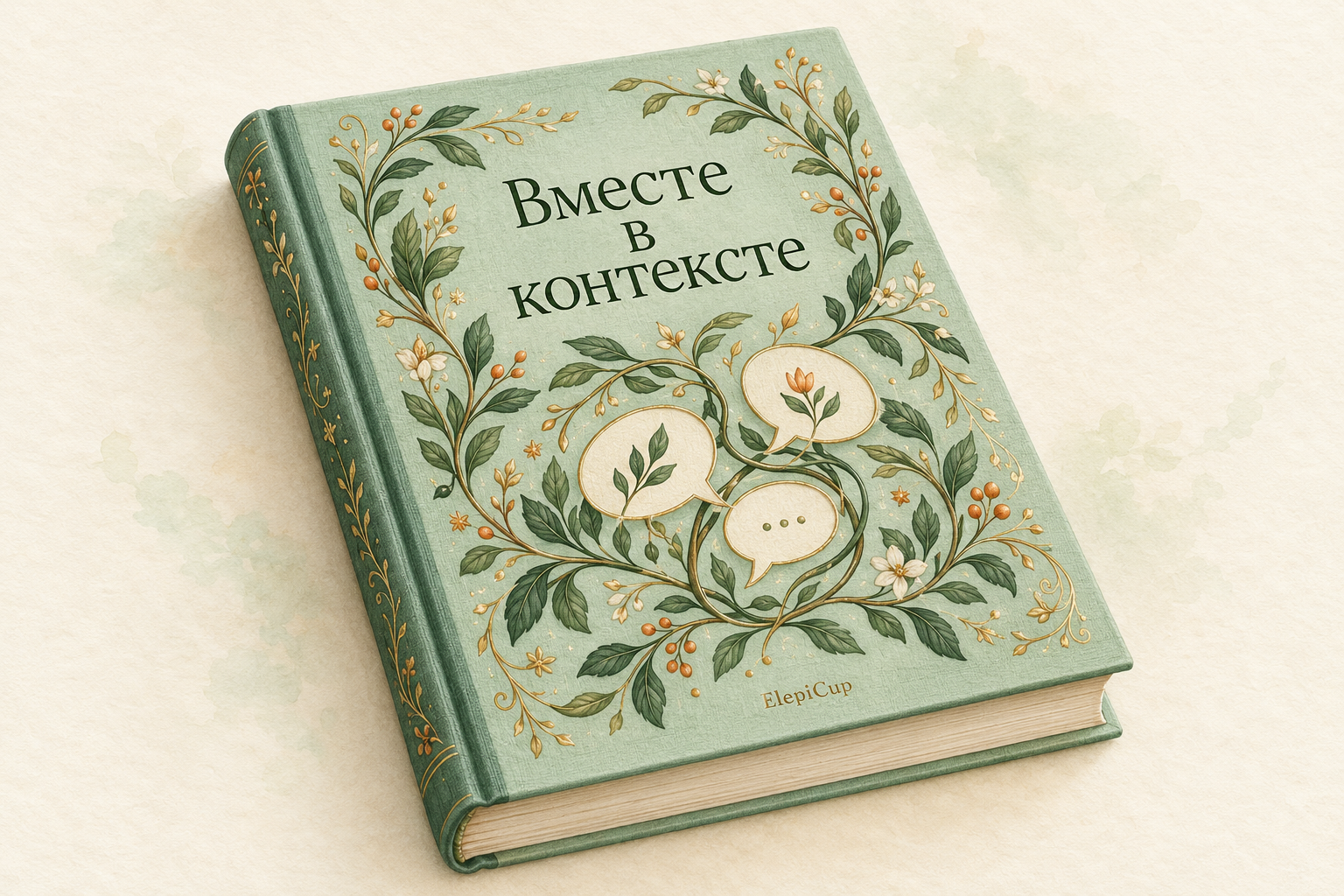 Эскиз мятной обложки будущей книги «Вместе в контексте»: ветви, цветы и три переплетённых облачка диалога